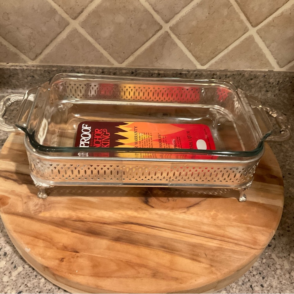 Anchor Hocking Fire King Vintage silver plated holder W/ Glass Baking Loaf Dish
